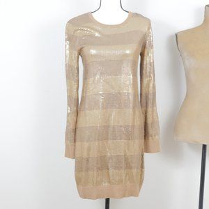 Michael Kors Tan Metallic Gold Sequin Size Small Long Sleeve Sweater Dress